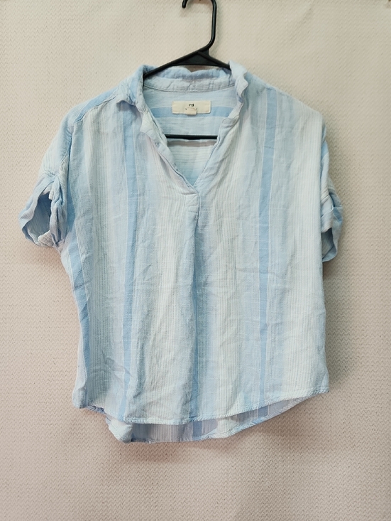 Thread & Supply Tops - Thread & Supply Light Blue and White Striped V-Neck Cotton Blouse